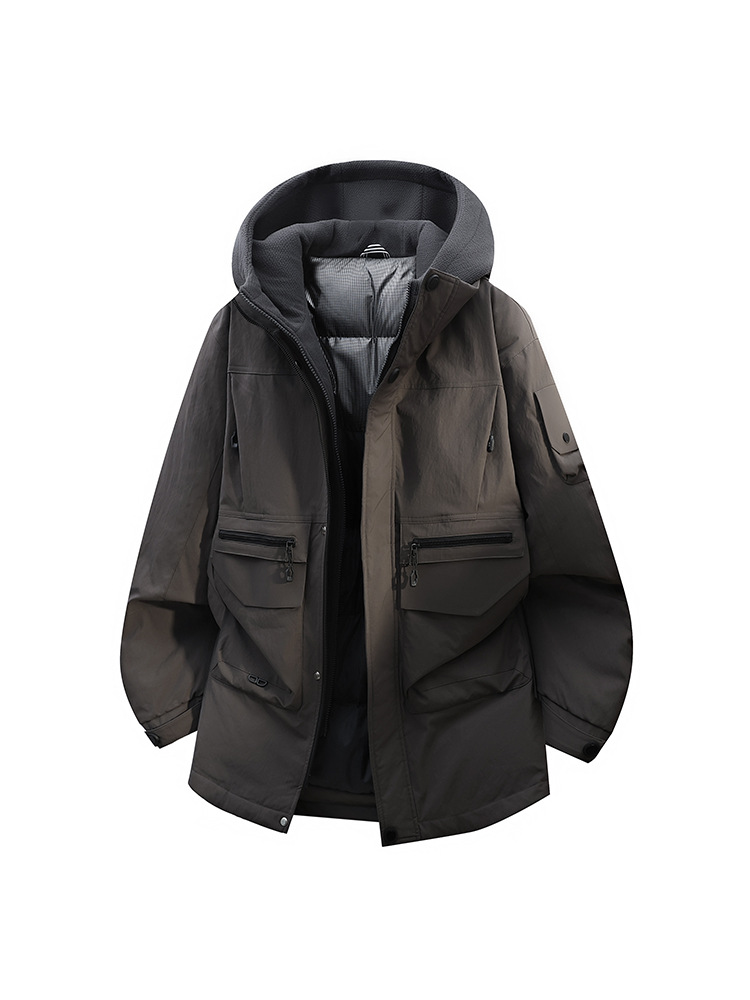 Hombres mediano y largo engrosado herramientas encapuchados chaqueta de plumón de moda hombre joven otoño invierno al aire libre chaqueta de terciopelo caliente