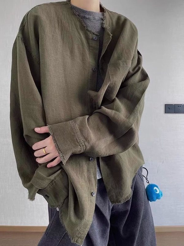 绿色毛边亚麻老钱风衬衫男款夏季慵懒风长袖衬衣cleanfit防晒外套|undefined