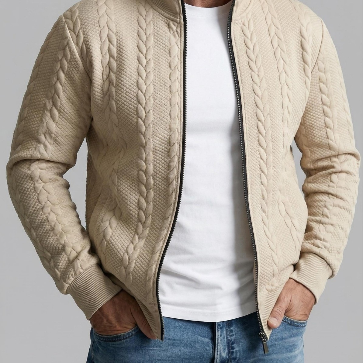European-style men's casual zip-up jacquard jacket, fashionable stand-up collar, suitable for spring, summer, and autumn