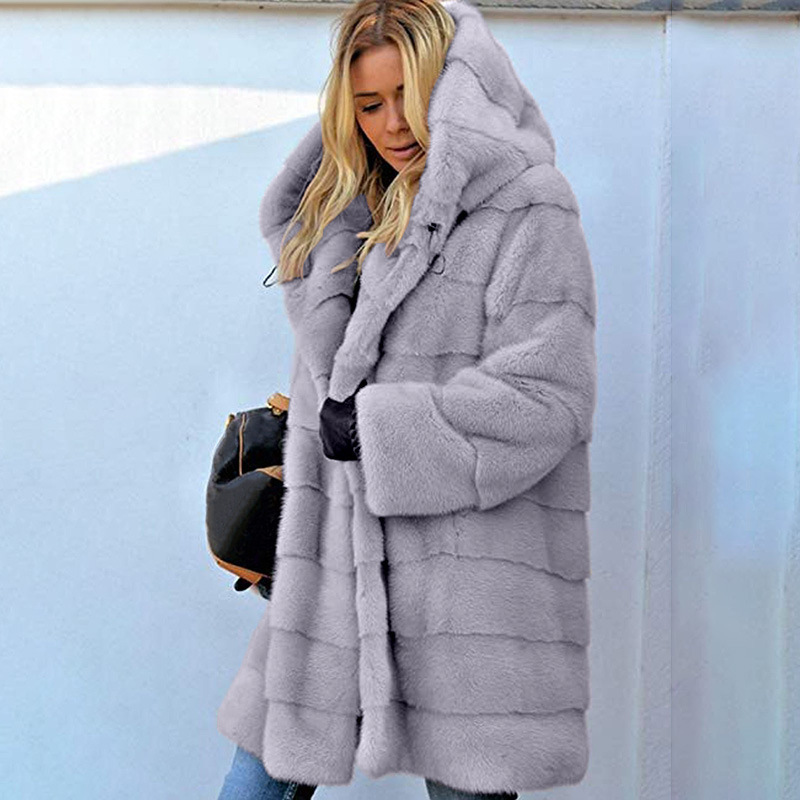 2023 Mink Velvet Coat Solid Color Loose Plush Long Sleeve Hooded Long Faux Fur Women's Autumn and Winter Warm Jacket