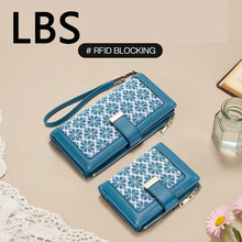 新款帆布拼接pu钱包手拿包rfid防盗刷女士长款钱包多卡位卡包短款