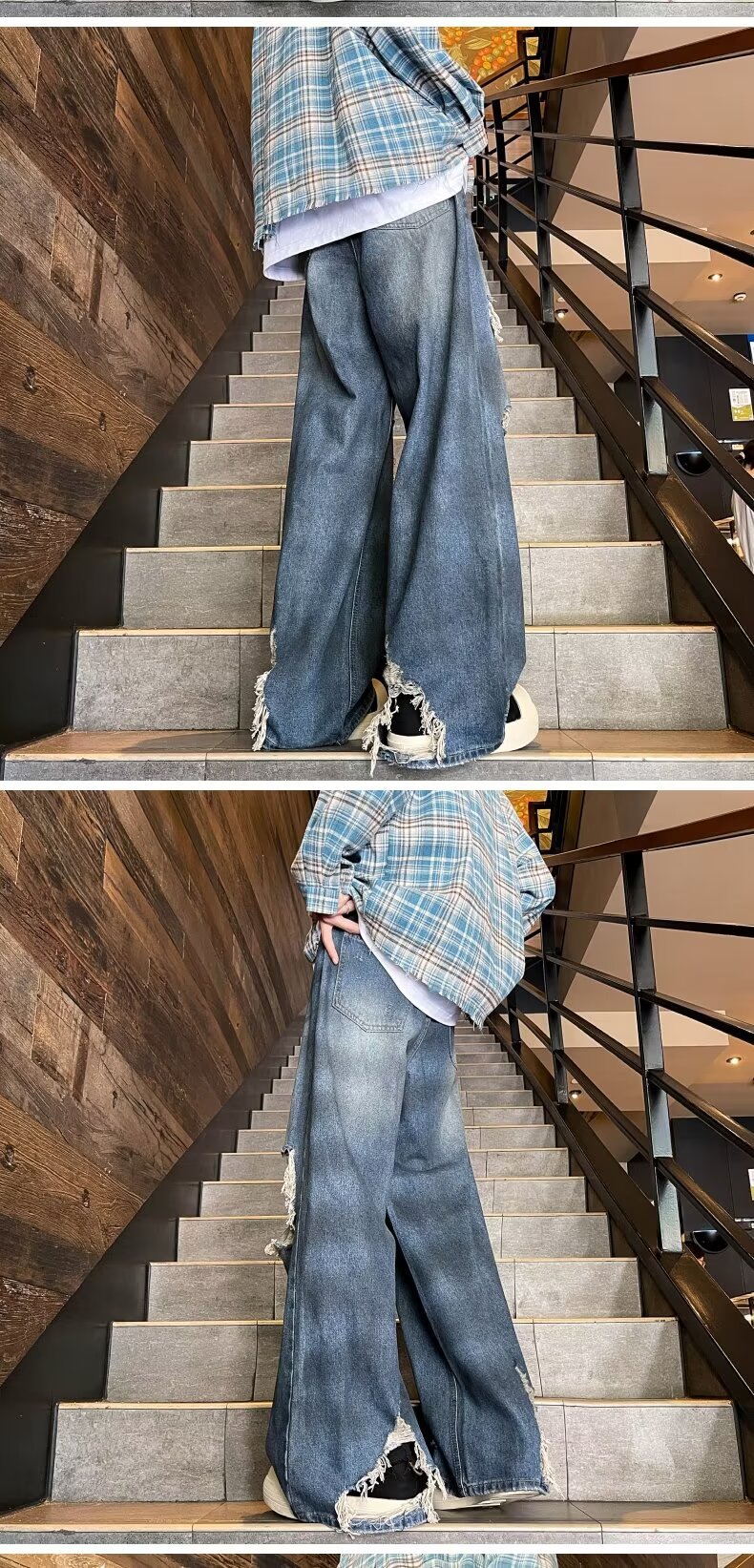 boy European And American Washed Vintage Ripped Jeans For Men, Unique Design, High Street Casual Versatile Fashion Wide-Leg_viptrois.com