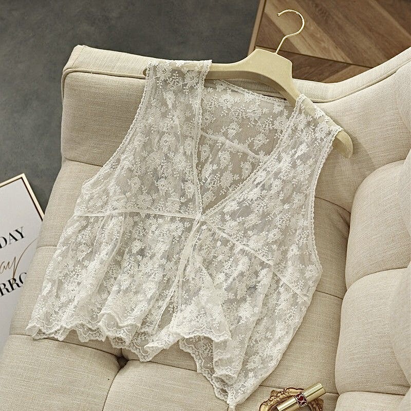 Summer Korean-Style Sleeveless Lace Thin Blouse with a Slightly Sheer Vest and Loose-Fitting Outerwear for Women