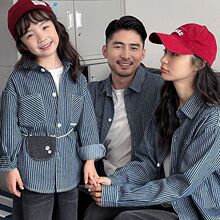 亲子装一家三口春秋款牛仔衬衫时尚帅气母子母女父子外套情侣装潮
