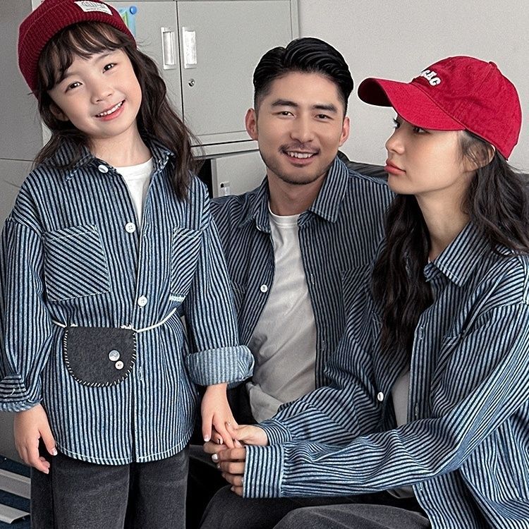 亲子装一家三口春秋款牛仔衬衫时尚帅气母子母女父子外套情侣装潮