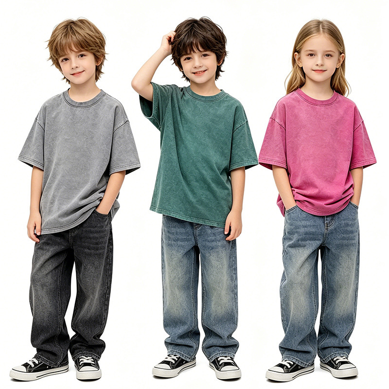 Children's Washed Vintage 230g Wax-Dyed American-Style T-Shirt Cross-Border Parent-Child Outfit Trendy Basic Versatile Round-Neck Fashion Children's Washed Vintage 230g Wax-Dyed American-Style T-Shirt Cross-Border Parent-Child Outfit Trendy Basic Versatile Round-Neck Fashion