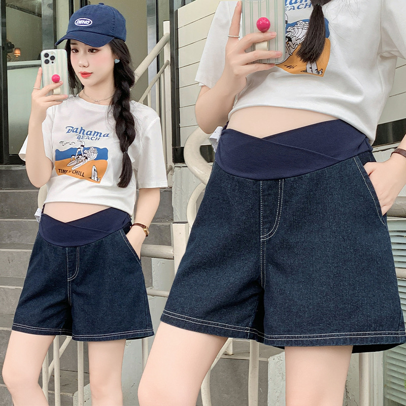 Maternity Denim Shorts, Summer Thin Style, Low-Waist, Belly-Supporting, Casual Wide-Leg Pants for Petite Women, Pregnancy Hot Pants