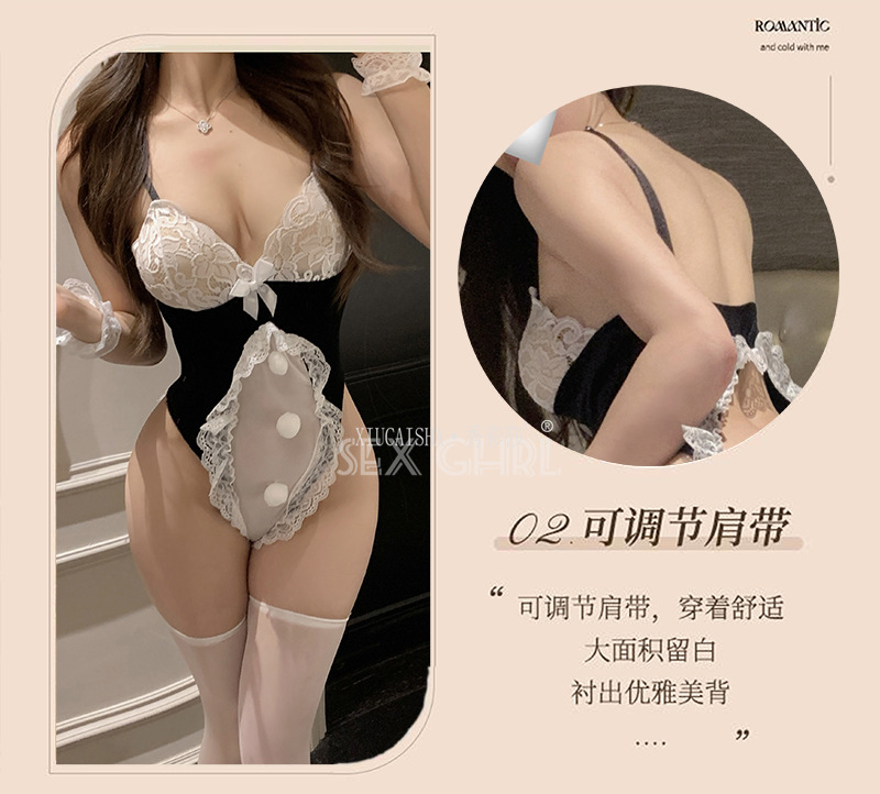 Xiucaisha Bunny Girl Lingerie Set See-Through Lace Deep V One-Piece with Headpiece — detail image 7