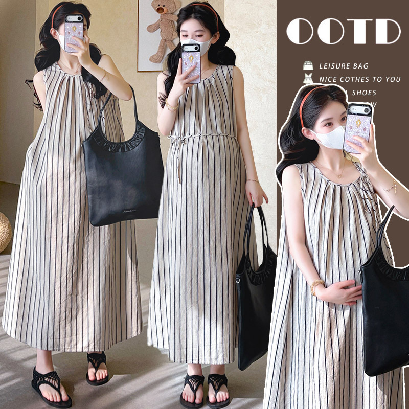 Summer New Style Vertical Striped Cotton and Linen Dress, Sleeveless Vest Maternity Dress, Loose and Lazy, Slimming, Seaside Vacation Style Summer New Style Vertical Striped Cotton and Linen Dress, Sleeveless Vest Maternity Dress, Loose and Lazy, Slimming, Seaside Vacation Style