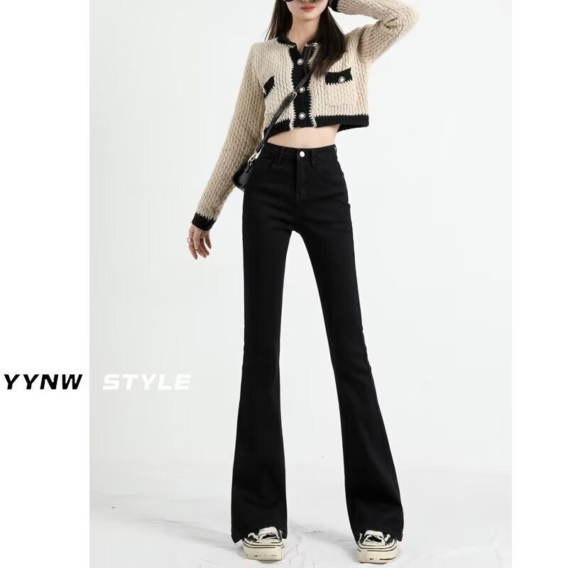 Spring and autumn new small high waist black micro-pull jeans women slim elastic horseshoe horn pants wholesale Spring and autumn new small high waist black micro-pull jeans women slim elastic horseshoe horn pants wholesale