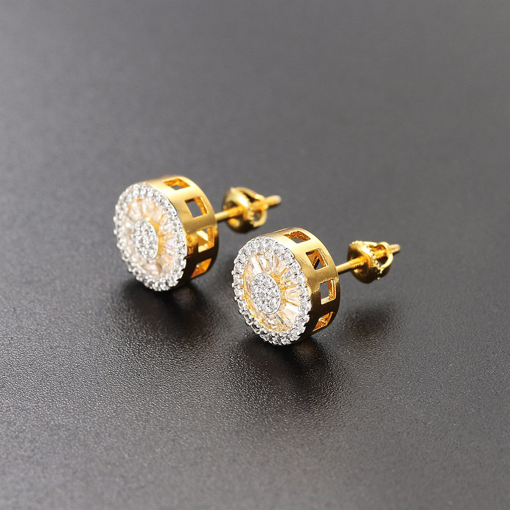 Popular Hip Hop Zircon Stud Earrings Men's And Women's Full Diamond Gold Plated Threaded Earrings Stud Earrings_voghion.com