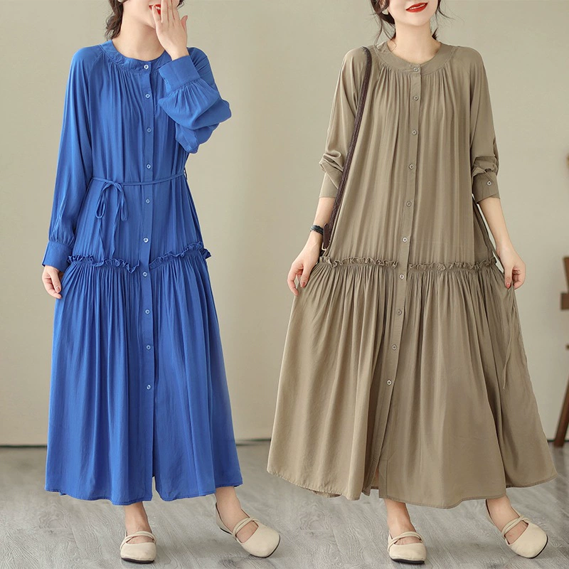 Женская одежда больших размеров, реальный снимок, осень 2025, новое свободное и тонкое длинное платье больших размеров 100kg для полных девушек