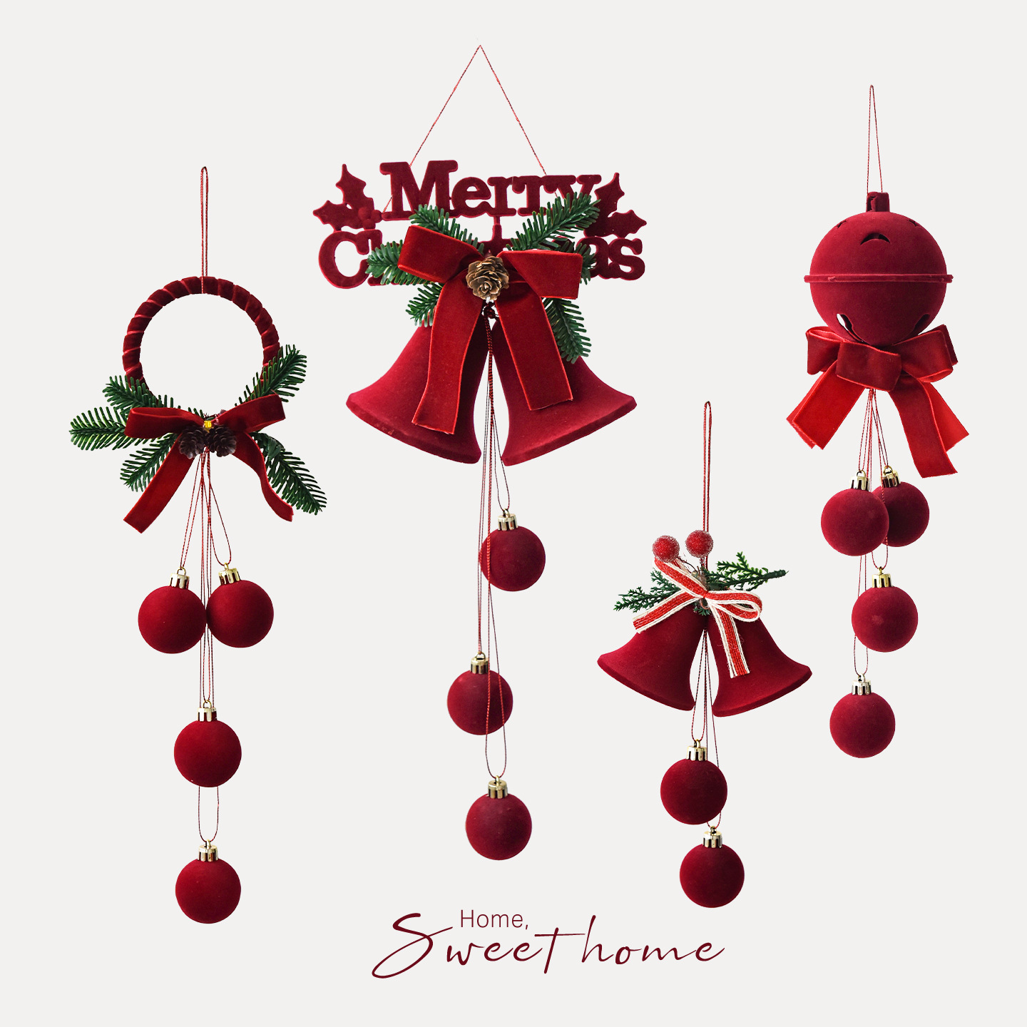 NUCHI圣诞节装饰植绒铃铛挂件圣诞树装饰挂饰闪粉酒红植绒球挂件