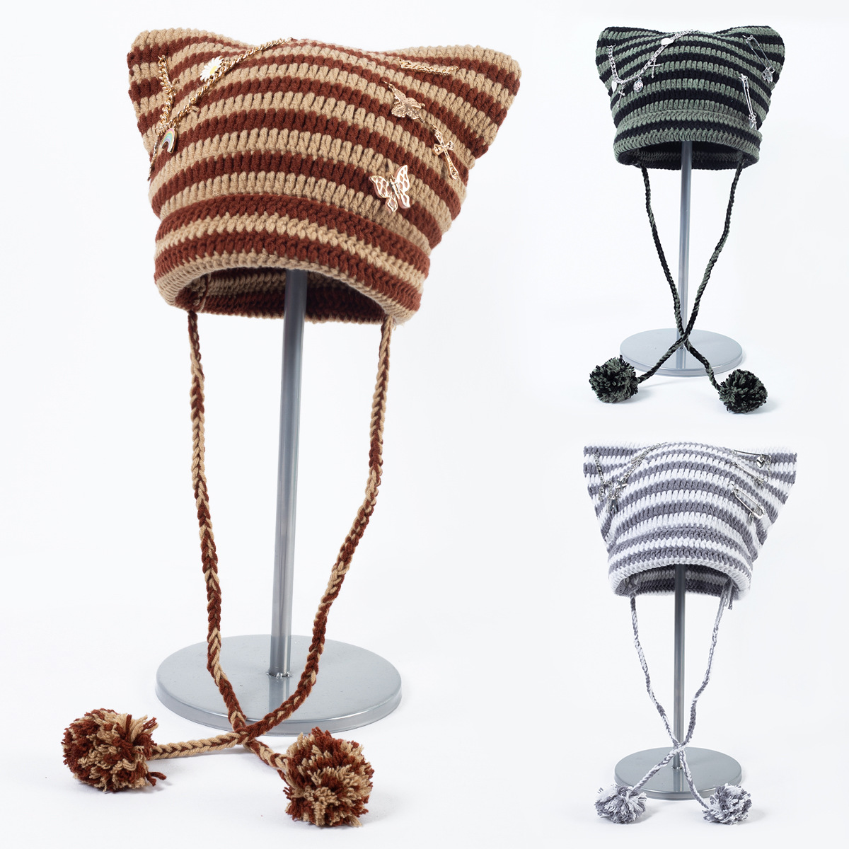 Süße kleine Teufel gestreifte gestrickte Wollmütze weibliche Herbst und Winter coole trendige Katzenohren süße Pullover kalte Mütze_voghion.com