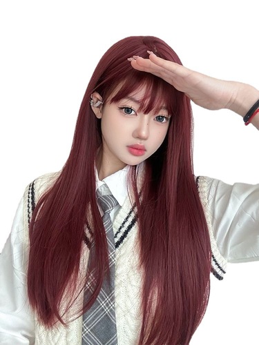 Kony wig female long hair Neptune red Mera red Lolita natural simulation hot girl long straight hair full headgear