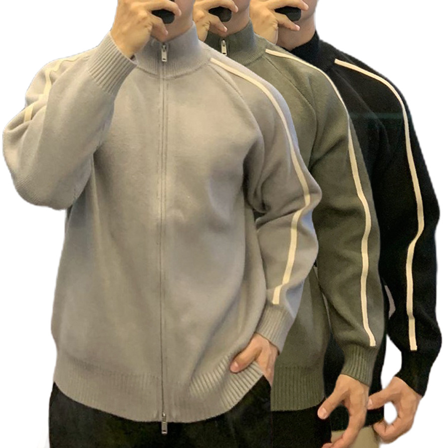Explosiones transfronterizas de tamaño grande europeo a rayas cardigan suéter de punto chaqueta de hombre chaqueta de doble cremallera fábrica de marea al por mayor