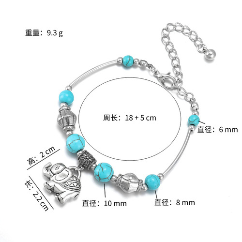 Dragon Ru European and American Retro Ethnic Silver-Plated Carved Elephant Pendant Bracelet Turquoise Bracelet Accessory