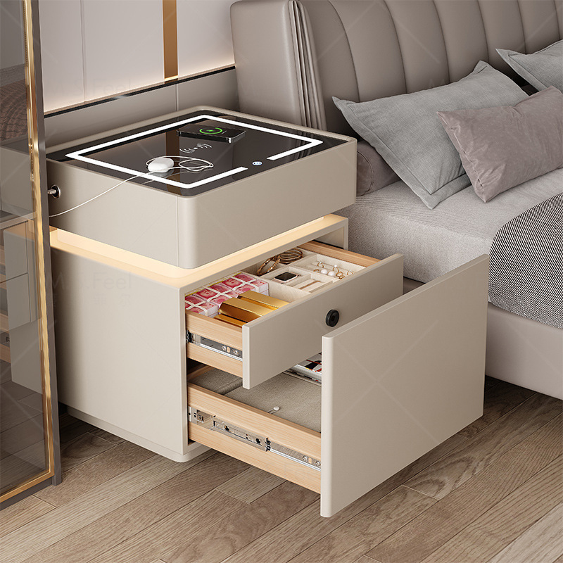 Smart bedside table2025 nuevo modelo simple de madera sólida con armario de almacenamiento oculto multifuncional con bloqueo de la cama
