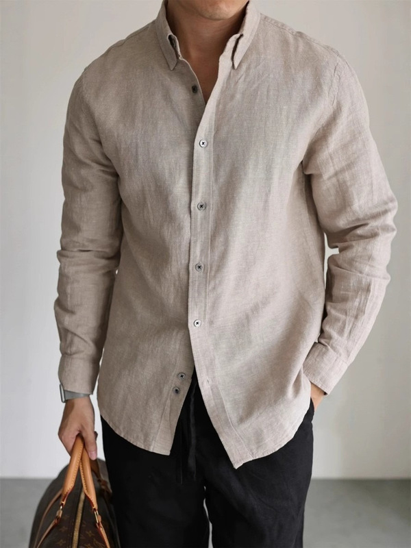 American-Style Cotton and Linen Work Shirt for Men, Breathable, Slim-Fit, Long-Sleeved, Business Casual, Commuter Shirt, Sun Protection Clothing, Cardigan, Men's Clothing