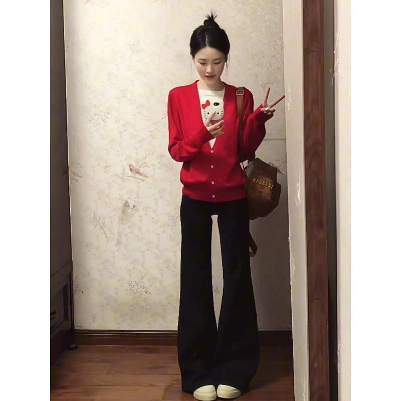超火ootd穿搭一整套秋季慵懒风假两件针织开衫微喇牛仔裤两件套潮|undefined