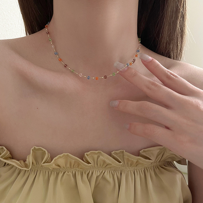 Color Crystal Beaded Necklace Women's 2025 New Explosive Light Luxury Niche Design Choker Necklace Chain