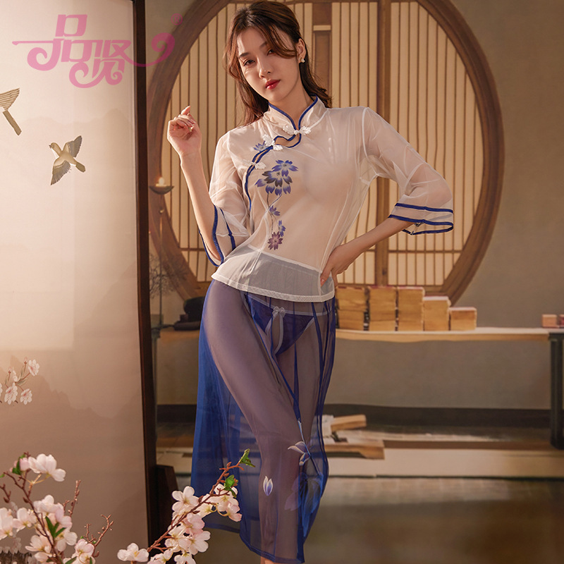 Pinxian sexy lingerie women's printed cheongsam uniform suit Republic of China style sexy perspective nightgown private 1880