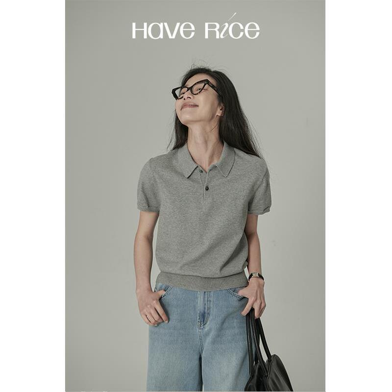 Haverice Restaurant Intellectuals Spring/Summer New Classic 2.0 Retro Knitted Long Sleeve T-Shirt Polo Shirt for Women