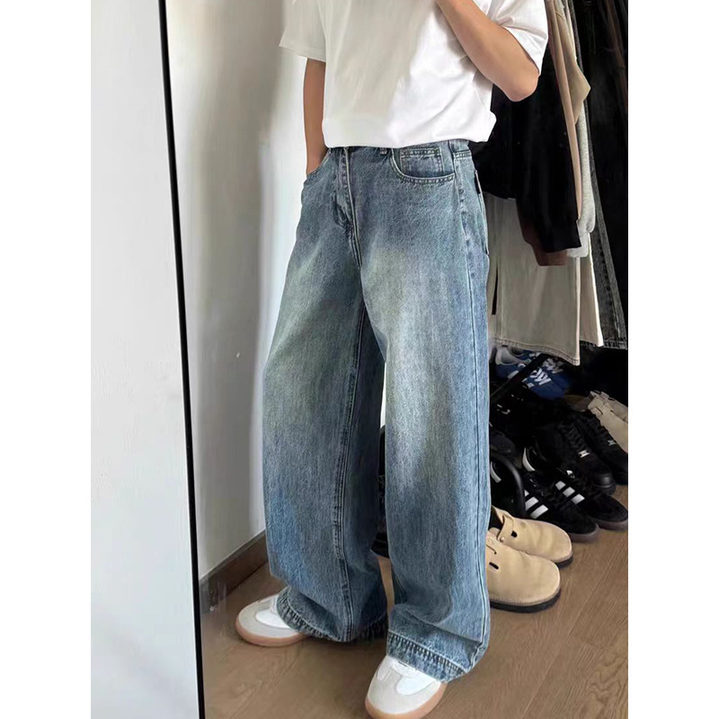Ice Blue Wide Leg Jeans Men's Summer American Style High Street Washed Loose Fashion Brand cleanfit Casual Straight Pants