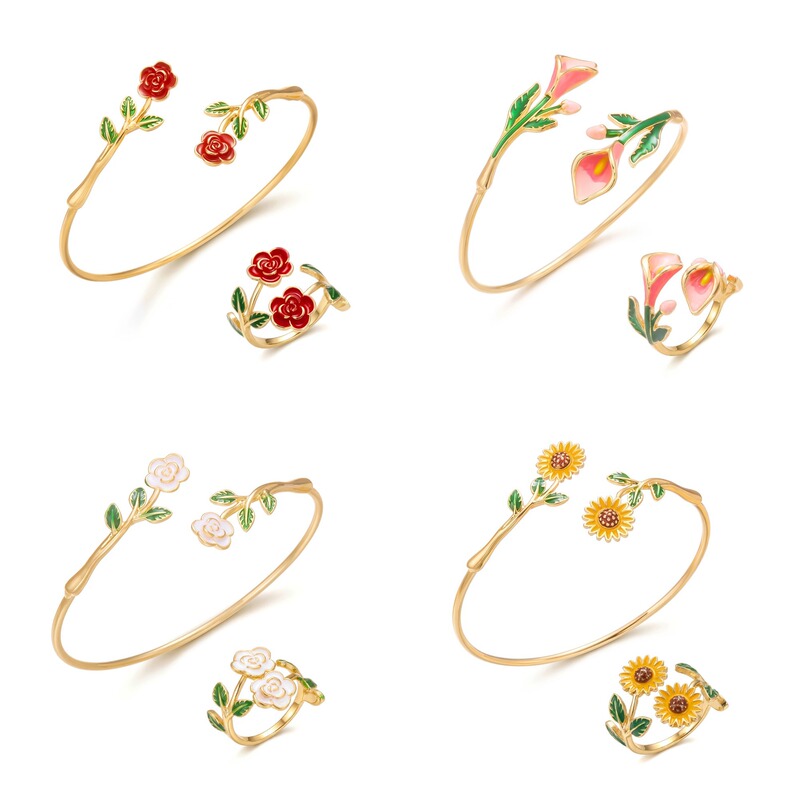 New Cross-Border Floral Bracelet and Ring Set, Versatile Enamel Rose and Camellia Design, Open-Style, Fresh and Simple New Cross-Border Floral Bracelet and Ring Set, Versatile Enamel Rose and Camellia Design, Open-Style, Fresh and Simple