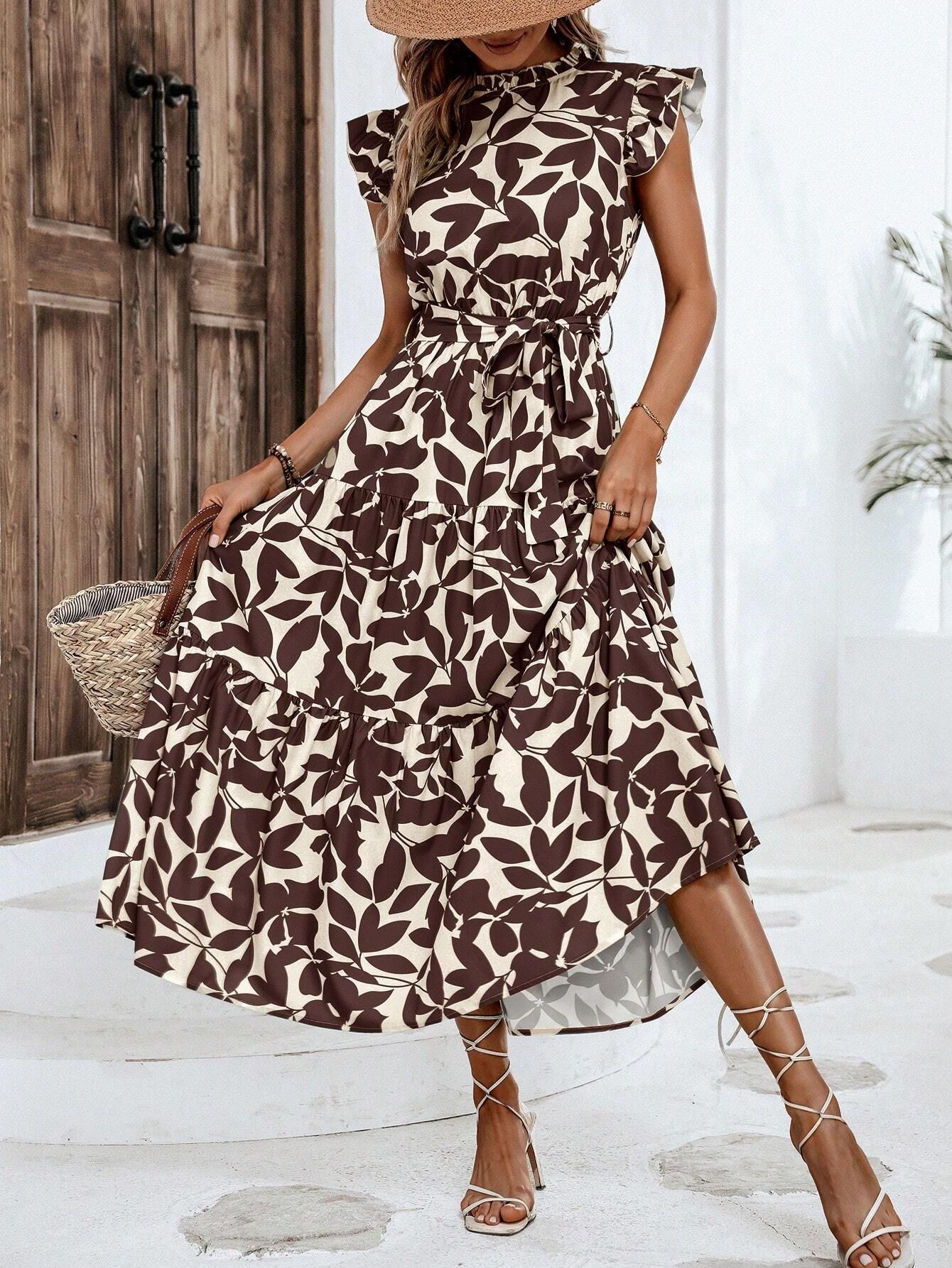 350g Weight Midi Dress Dress Length Type Sleeveless Sleeve Length Swing Dress Dresses Type Flounce Sleeve Sleeve Type Polyester Fabric Type High Waist Waist Line Holiday, Daily Occasion Standing Collar Neckline Slim Fit Type Leaf Pattern Summer Season Women's Gender Printing Design Elegant, Streetwear Style Wholesale Women's Elegant Streetwear Printing Leaf Holiday Daily Standing Collar Sleeveless Swing Dress 12