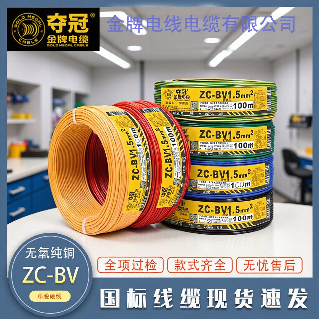 深圳金牌电线电缆批发BV1.5 2.5 4平方国标阻燃纯铜家装单芯硬线