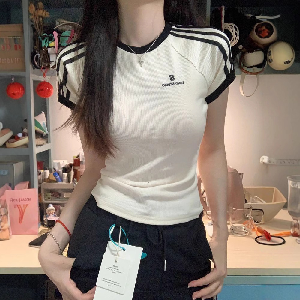 American Summer New Retro Three-Bar Stripe Design Niche Right Shoulder Short Short-Sleeved T-Shirt Women's White Top