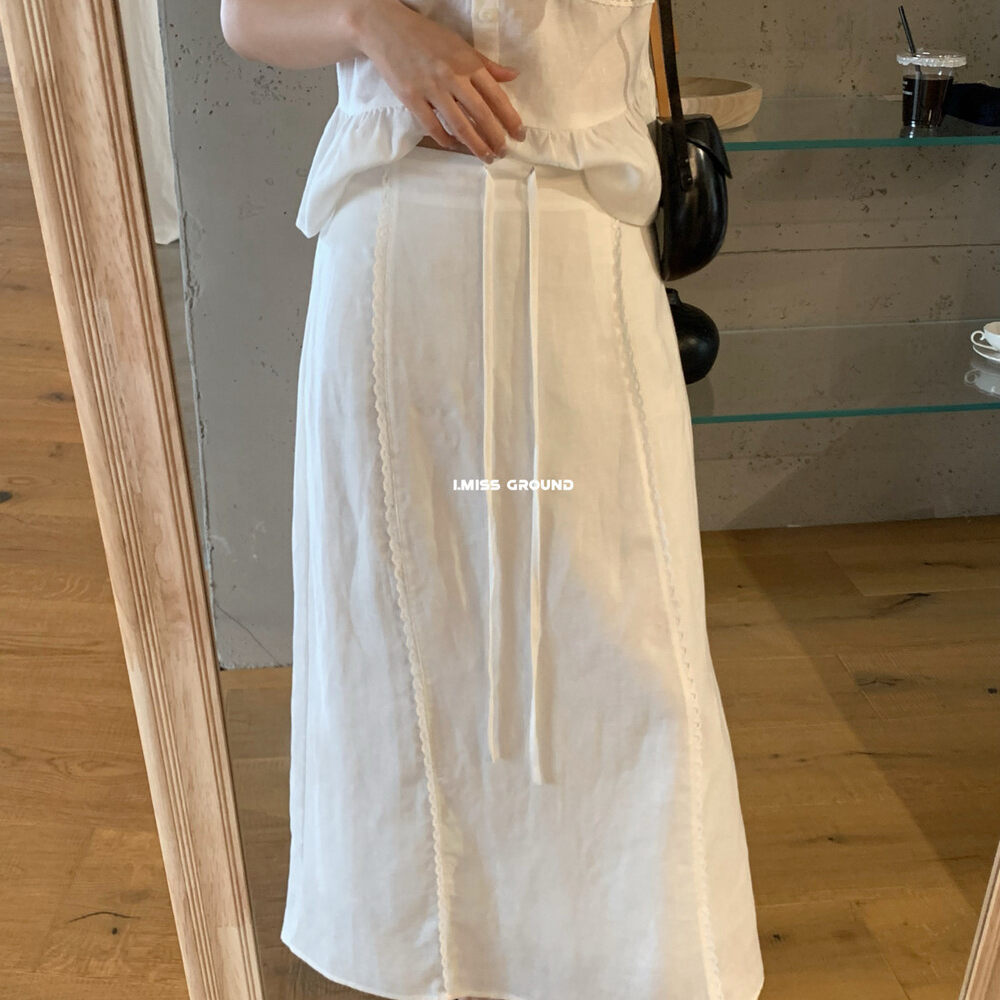 Set váy hai dây và chân váy maxi linen phong cách Hàn Quốc — Sling trắng, Trắng nửa váy