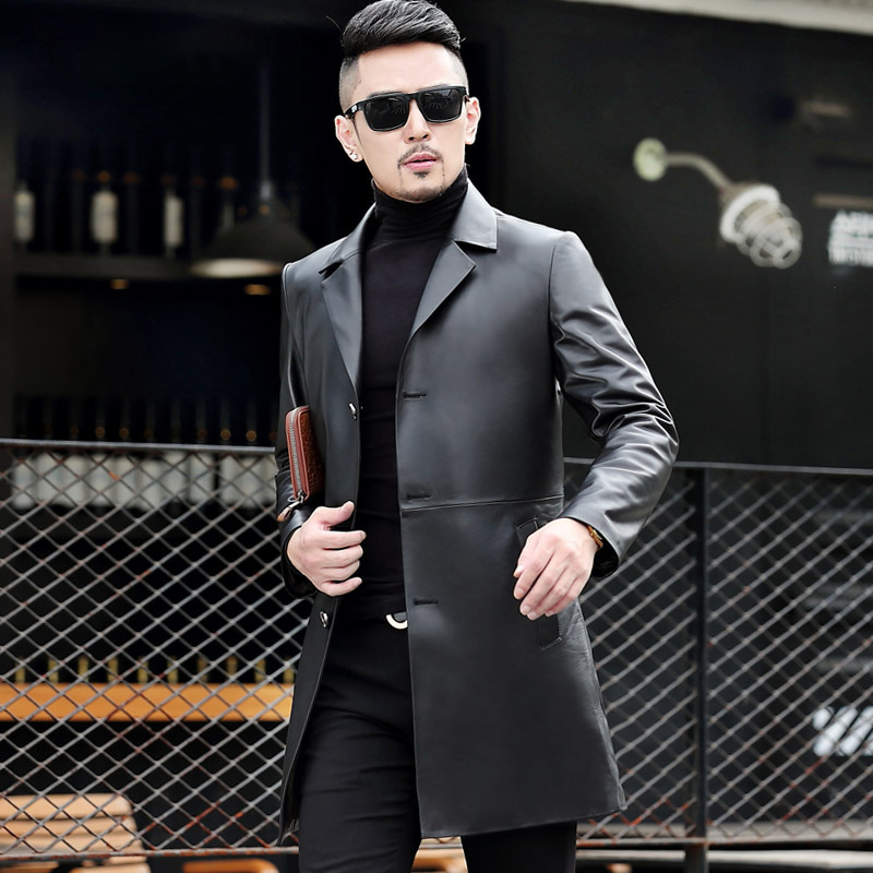Haining Leather coat men's trench coat sheepskin handsome leather suit men's mid-length leather jacket coat fleece-lined tide