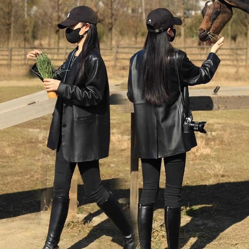 Small Suit Leather Jacket for Women 2025 Autumn and Winter New Style Mid-Length Casual Fashion Black Motorcycle Jacket