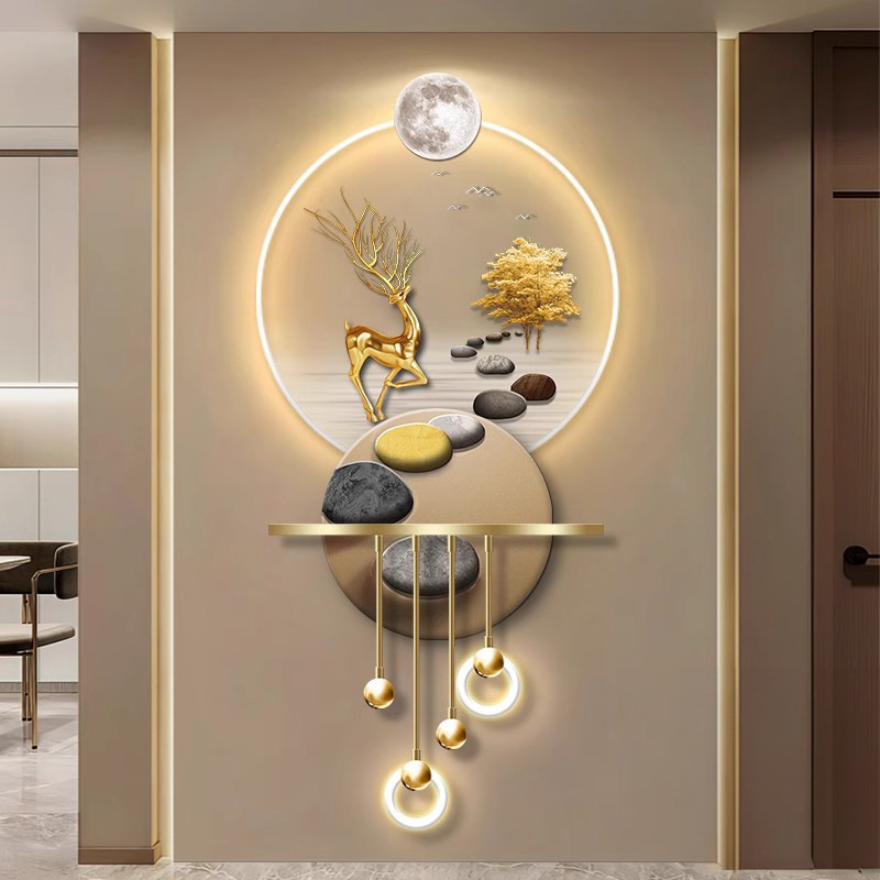 Fu Lu Jiuyue puerta de entrada decoración pintura nueva pintura de estilo chino cuelga pintura al final del pasillo de alta sensación estereoscópica lujosa lámpara mural luminosa