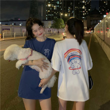 夏季韩版2025新款宽松中长款闺蜜装彩虹小熊短袖T恤上衣女ins学生