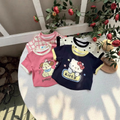 【48時間以内発送】コントラストカラーの切り替え半袖女の子用トップス、夏の新作、漫画風でキュートな女の子用ベビー服