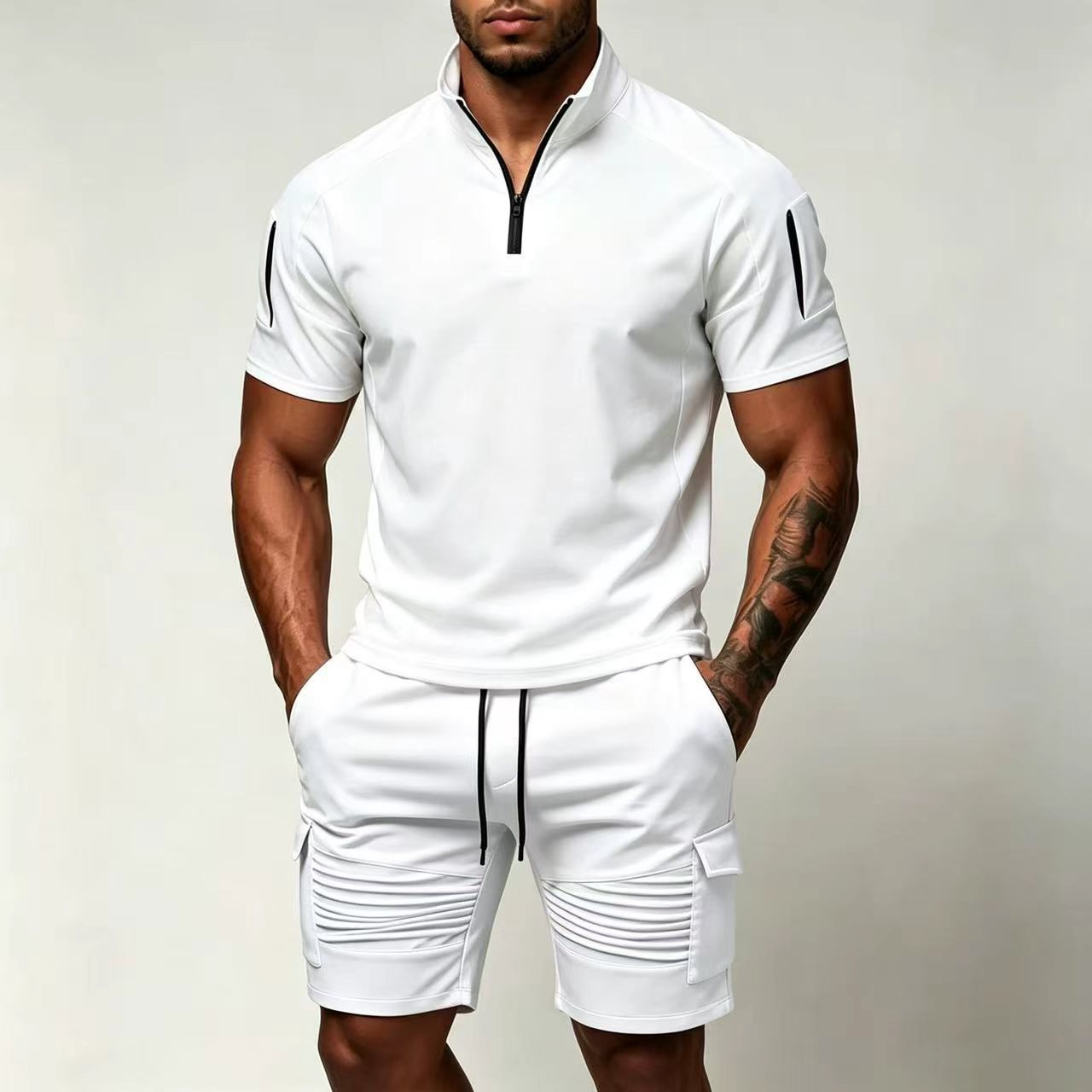 Men's Summer Tactical Sportswear Set, Quick-Dry Two-Piece Outfit With Arm Pocket For Outdoor Training & Casual Wear_viptrois.com