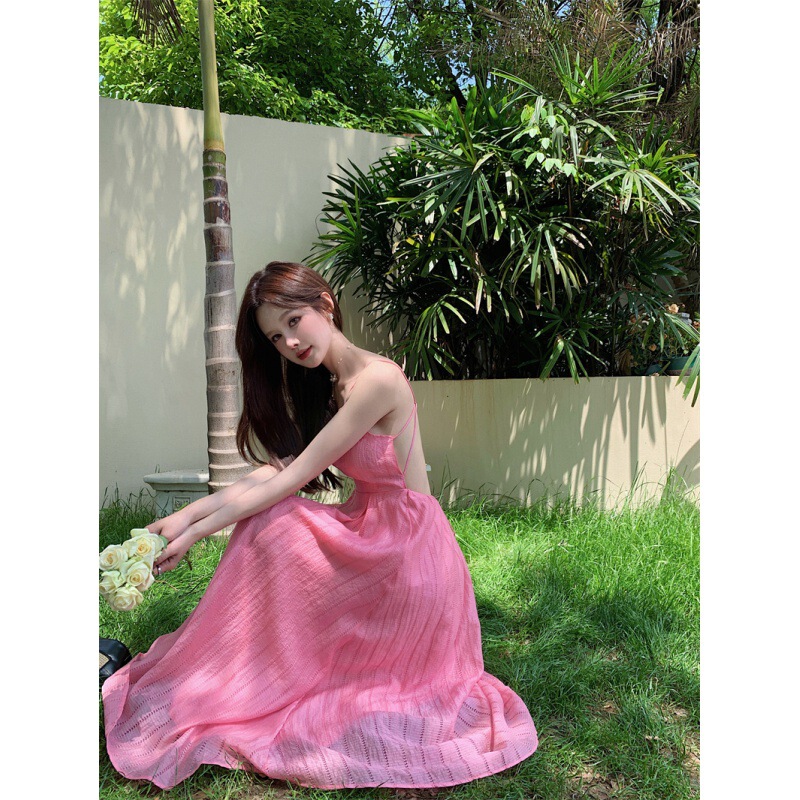 2026 Light Peach Pink Sleeveless Backless Holiday Fairy-Style Tie-Back Flared Strap Dress for Women Summer Long Dress 2026 Light Peach Pink Sleeveless Backless Holiday Fairy-Style Tie-Back Flared Strap Dress for Women Summer Long Dress