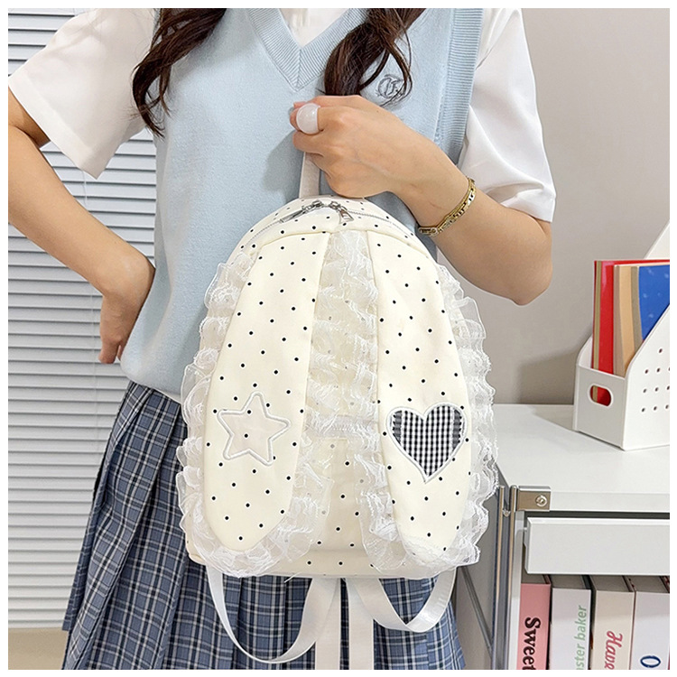 Indigo Smoke Mesh Bunny Ear Student Backpack Japanese Style Cute Girls School Bag High-Value Casual Versatile Travel Shoulder Backpack