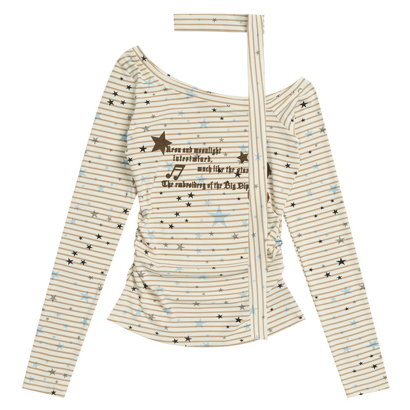 Qilin Men's Korean Style Letter Star Print Striped Asymmetrical Shoulder Long Sleeve T-Shirt Hot Girl Off-Shoulder Slim Fit Short Top