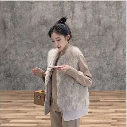 欧美秋冬新款人造毛皮草马甲仿狐狸毛呢拼接背心毛毛短款外套女装