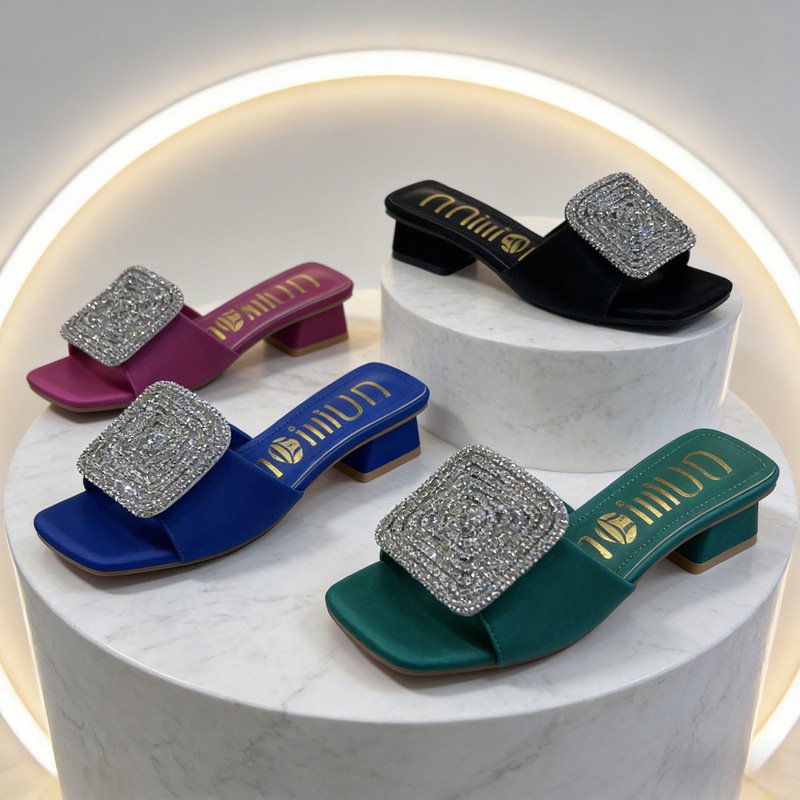 Summer 5cm High-Heeled Slip-On Women's Shoes for Outdoor Wear, Cross-Border Supply for African Women, Square-Toed Slipper with Chunky Heels