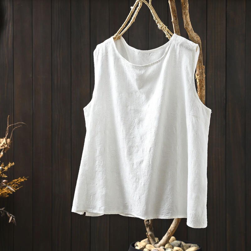 Cotton and Linen Jacquard Sleeveless T-Shirt for Women, New Summer Outer Wear, Loose Slimming Look Literary Casual Vest, Pure Cotton Top Cotton and Linen Jacquard Sleeveless T-Shirt for Women, New Summer Outer Wear, Loose Slimming Look Literary Casual Vest, Pure Cotton Top