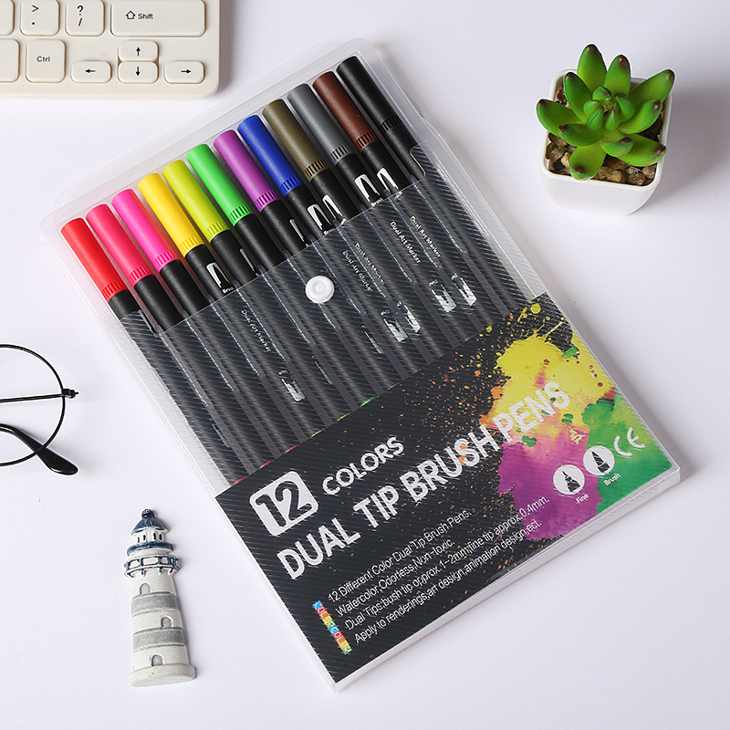 Amazon caliente negro Barra de doble cabeza marcador acuarela pluma estudiante color gancho línea cepillo arte especial traje lote