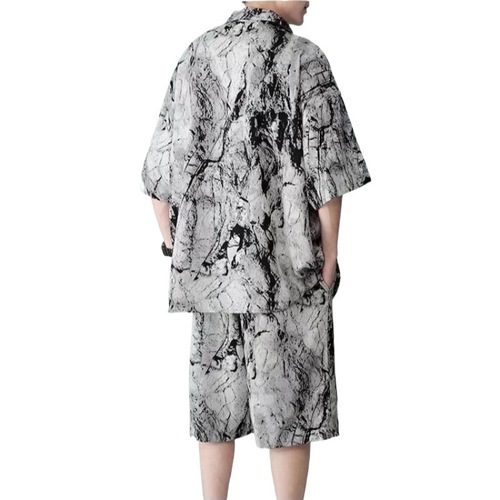 Water-based tie-dye floral men's short-sleeve summer design ice silk blouse, new China style men's clothing set