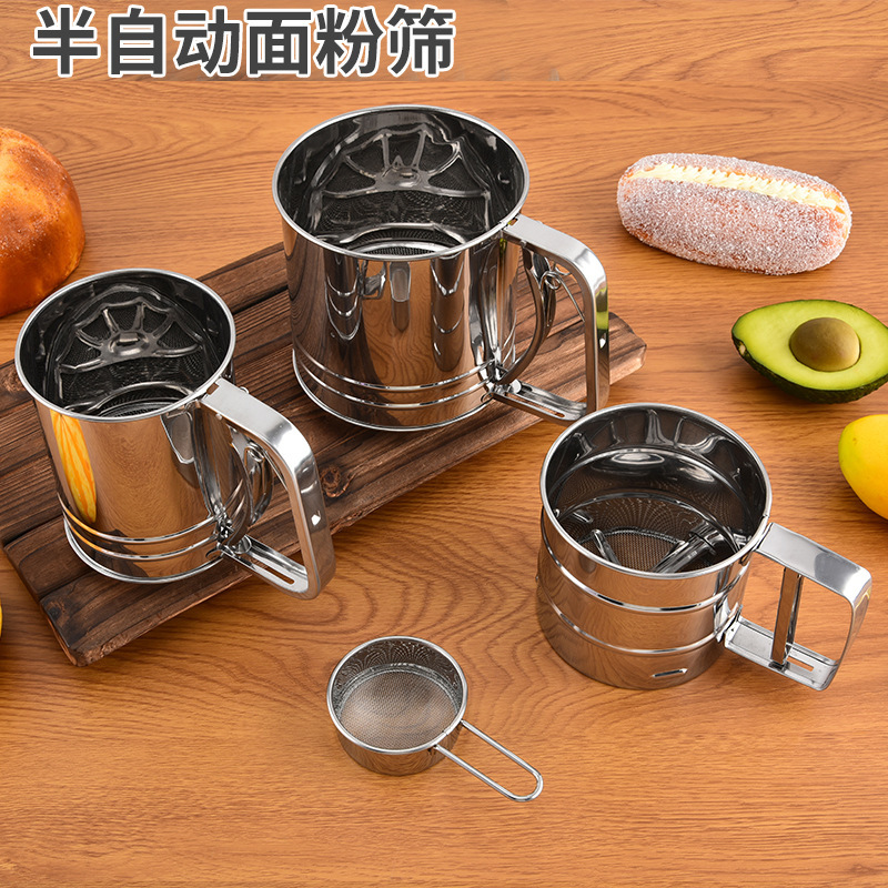 ステンレス鋼半自動小麦粉ふるいハンドヘルド粉砂糖ふるいフィルターベーキングパンパウダーココアパウダーふるい|undefined