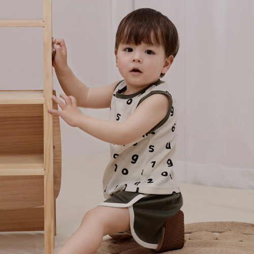 Baby and Toddler Striped Waffle Collar Top Set 2024 Summer New Fashion Unisex Baby Summer Outfit