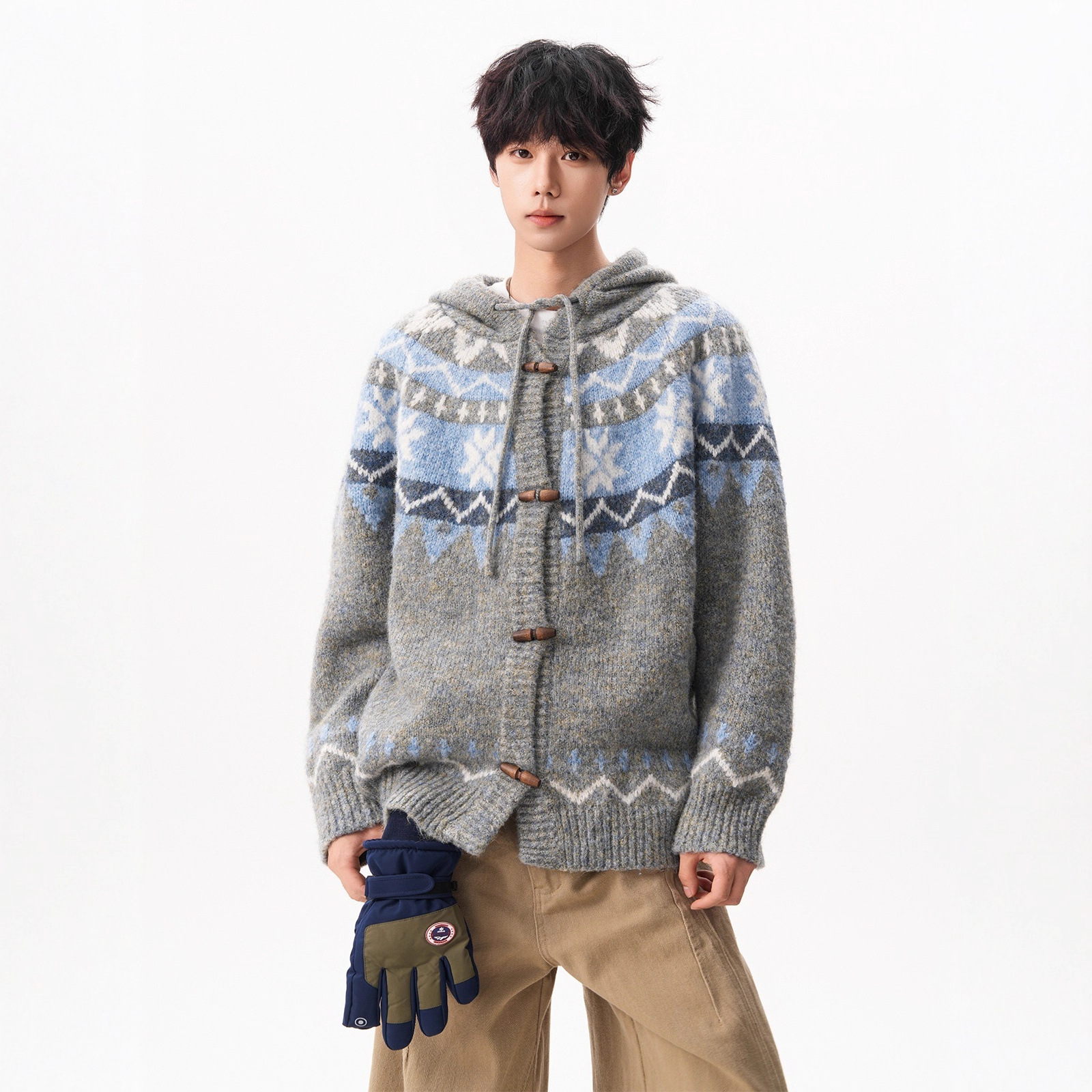 American-Style Fair Isle Hooded Sweater for Men and Women, Winter Retro Toggle Button Knit Cardigan, Trendy Ethnic Style Couple's Jacket